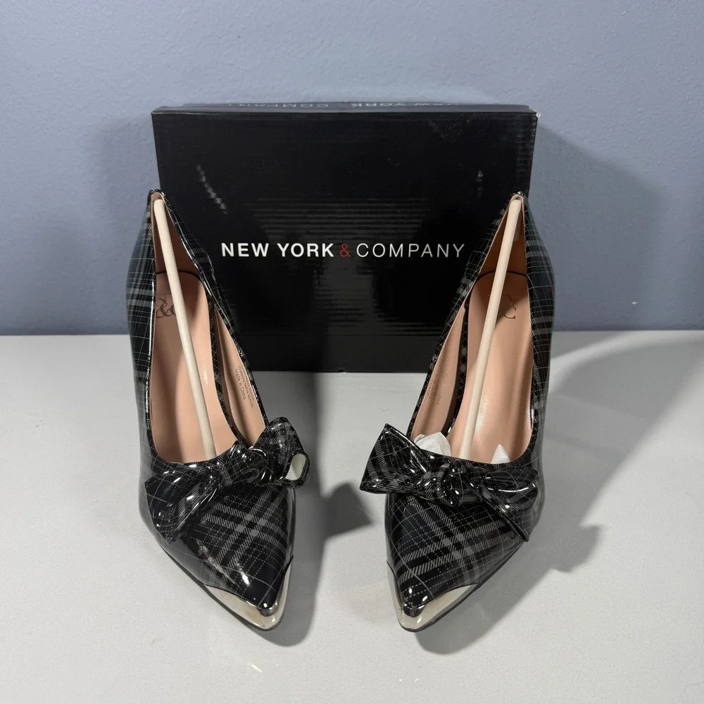New York & Company Wendy Metal Accent Bow Pump Black Grey Plaid Stiletto Size 9‎